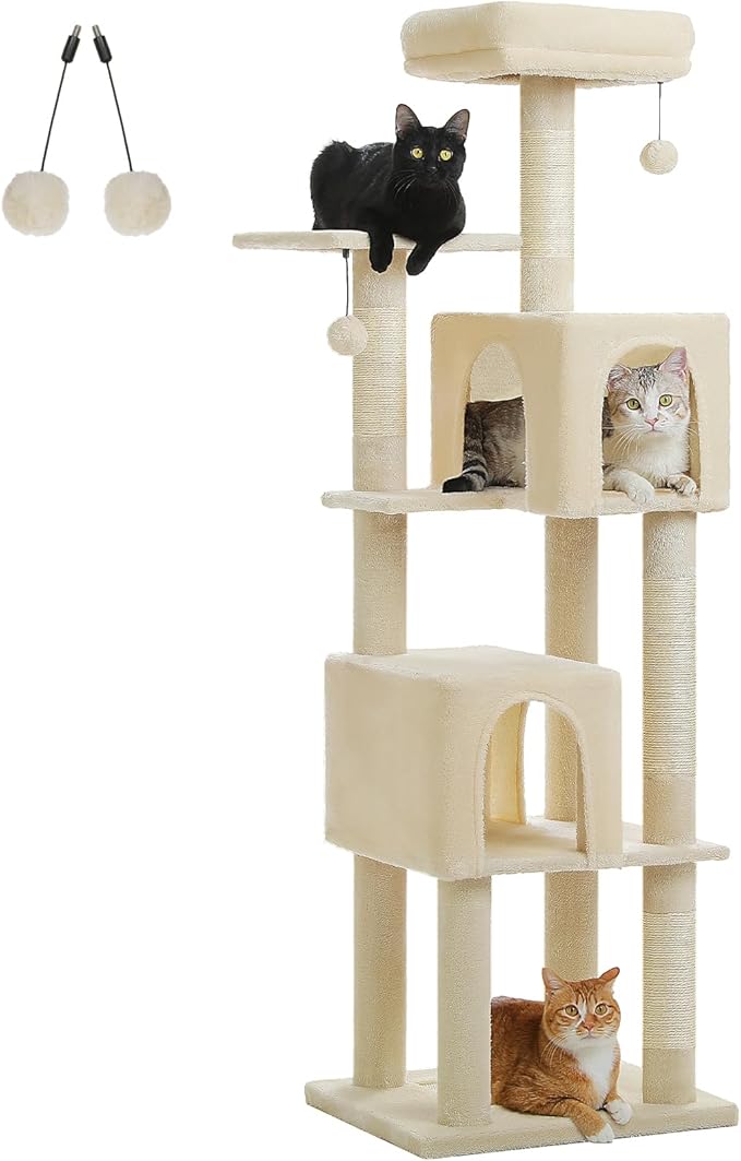 Cat Tree for Indoor Cats, 62" Multi-Level Cat Tower with 2 Spacious Condos, Scratching Pad, 4 Cat Scratching Posts, 2 Top Perches, 2 Pompoms, Beige