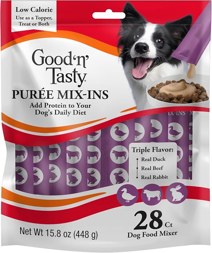 Good 'n' Tasty Triple Flavor Puree Mix-Ins Dog Food Topper Treats for All Dogs, 28 Count, Easy Single-Serve Portions, Added Protein with Duck, Beef and Rabbit, No Chicken Added