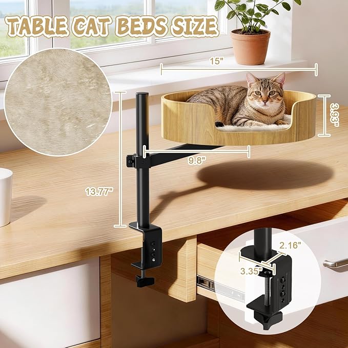 Cat Desk Bed – Cat Bed for Indoor Cats with Adjustable Height&360° Rotation, Elevated Desk Cats Beds for Table, Desktop Cat's Hammock for Small Space, Wooden Cat's Bed Desktop Kitten