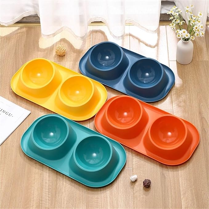 Stable Double Bowls Cat Bowl Stainless Steel Elevated Dog Water Bowl Detachable Prevent Overflow Cat Food Container Pet Supplies(Blue-1)