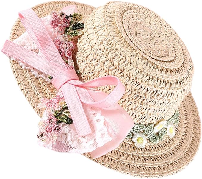Pet Straw Hat Outdoor Sunbonnet Supplies Flower Lace Puppy with Ribbon Bow Flower Pet