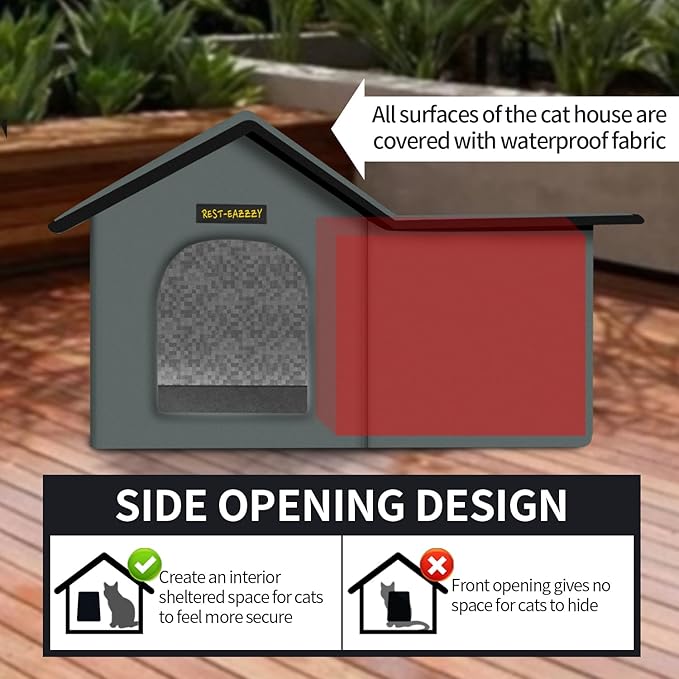 Rest-Eazzzy Cat House for Outdoor Cats, Weatherproof and Insulated Feral Cat House with Mat and Clip, Easy to Put Together, Selfwarming Cat Shelter for Winter(Grey, Waterproof House-L)