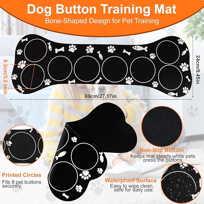 Dog Buttons for Communication, 8 Color Dog Talking Button Set, 30s Recordable Voice Pet Training Buzzers, Speaking Buttons for Dogs & Cats with Mat and 2 Scene Stickers (Batteries Not Included)