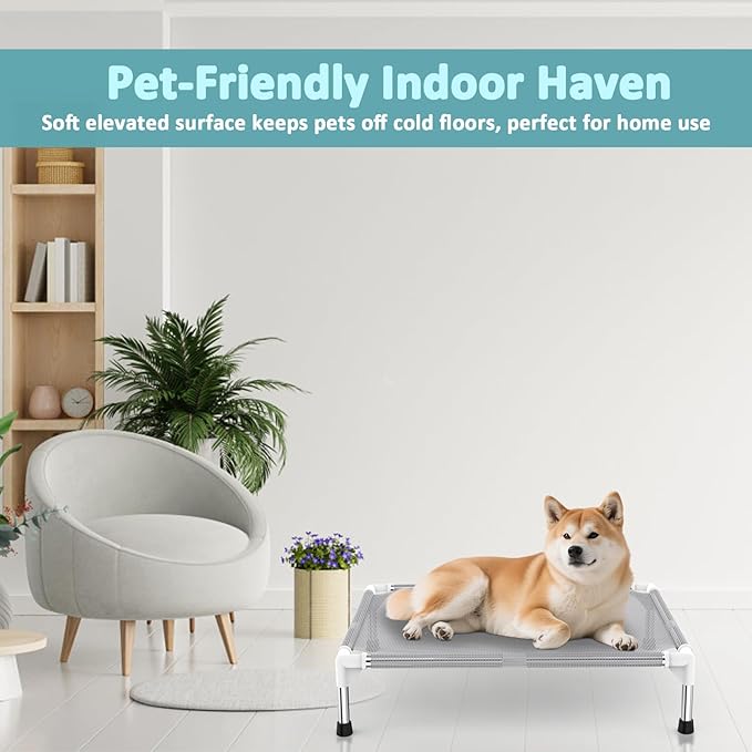 Elevated Dog Bed with Teslin Cooling Fabric - Lightweight Dog Cot for Medium Dogs, Waterproof & Washable Breathable Mesh, Raised Pet Bed for Indoor Outdoor Use, Anti-Slip, Easy Clean