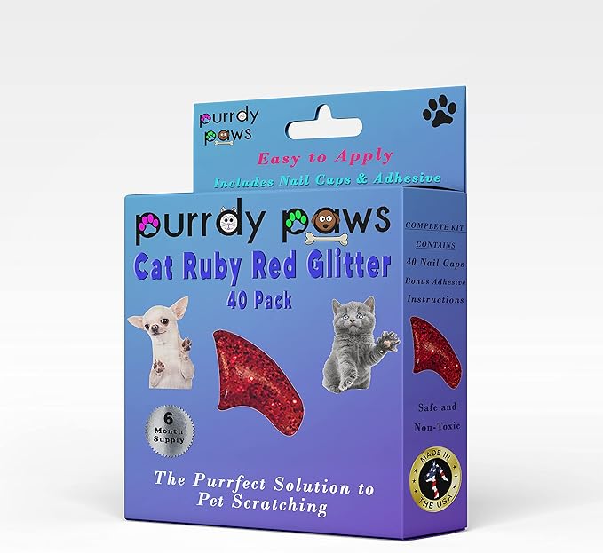 6 Month Supply Soft Nail Caps for Cats Ruby RED Glitter Medium - Extra Adhesives