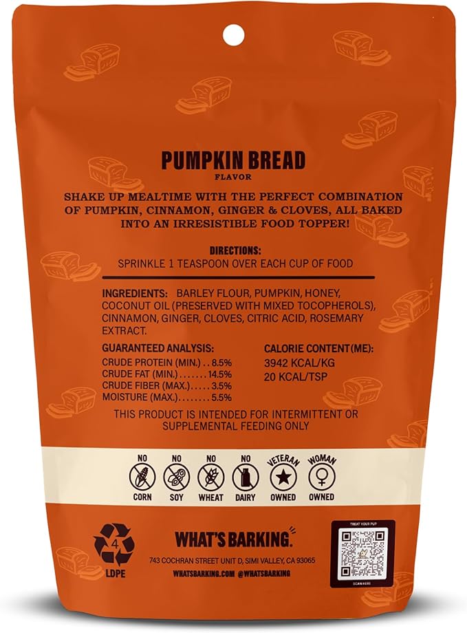 What's Barking Shakers Meal Toppers, Dog Treat Crumbles for Food Topping, Pet Essentials, Sprinkle Topper for Kibble or Wet Food, Made in USA, Resealable Bag, Pumpkin Bread Flavor, 5 oz