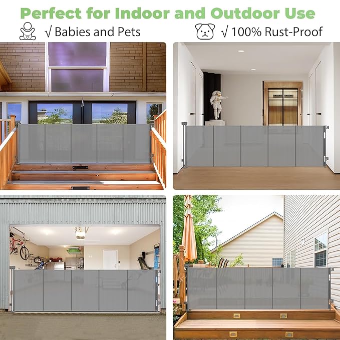 Reinforced 120" Extra Wide Retractable Baby Gate with Support Rods – Prevent Crawling Under, 10 Foot Extra Long Dog Gate Large Baby Gate for Large Openings, Mesh Gate Retractable Pet Gate, Gray