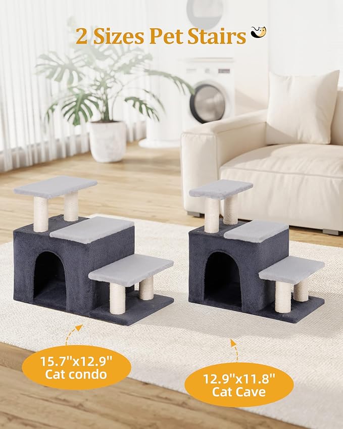 3-in-1 Pet Stairs for Cats, Dog Steps for Doggie Rabbits,7.8'' Depth Cat Stairs,Indoor Cat Steps for High Bed for Pet's Joints, Soft Plush, 1 Big Cat Condo Cave, Sisal Scratcher, Grey, Large