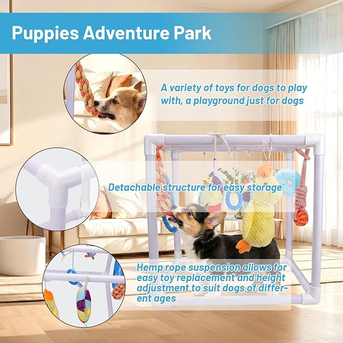 BABORUI Puppy Play Gym, Indoor Hanging Activity with 9 Toys, Puppy Toys to Keep Them Busy, Adjustable Playground for Small Dogs at Home