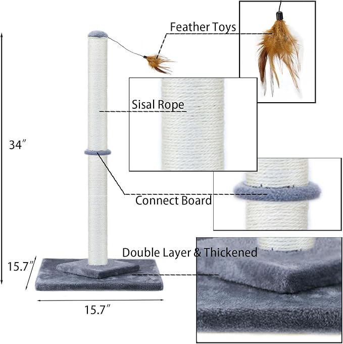HUTPET 34" Tall Cat Scratching Post Double Base and Reinforcement Design Anti tilt,Sisal Scratch Posts Trees with Feather Toys for Indoor Cats(Gray)