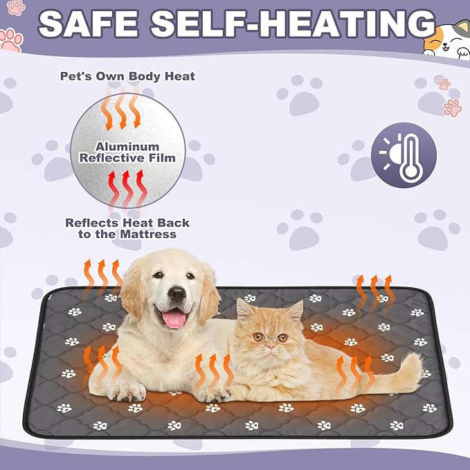 Riakrum 4 Pack 28 x 45 Inches Self Heating Cat Pad Mat Warming Pet Dog Bed Non Slip Washable Cat Kennel Crate Pad with Storage Bag for Indoor Outdoor Small Medium Dog Kitten