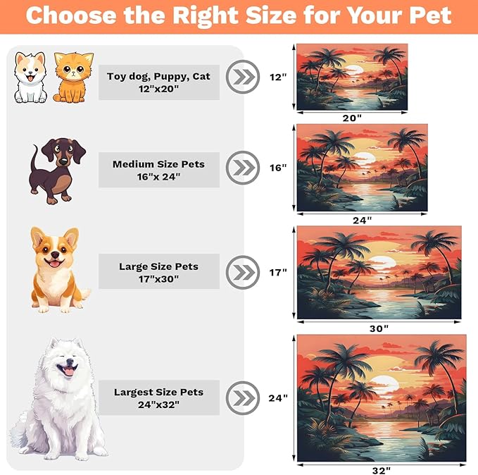 Beach Palm Tree Dog Food Mat for Floors Absorbent, Quick Dry Water Dispenser Mat for Food, Water, Pet Supplies 12" x 20", Sunrise Sunset