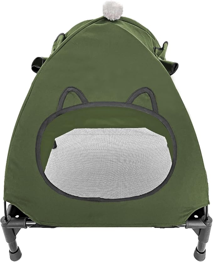 Pozico Elevated Pet Bed with Breathable Mesh for Small Cat and Dog, Raised Cooling Pet Cot for Puppy and Kitty, 18.9x18.9 inch (Olive Green Bed with Canopy)