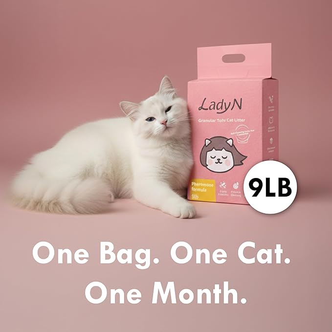 Lady N Granular Tofu Cat Litter Mini-Pellet Compatible with Automatic Self Cleaning Cat Litter Box, Strong Clumping, Low Dust, Odor Control Activated Charcoal 9lb