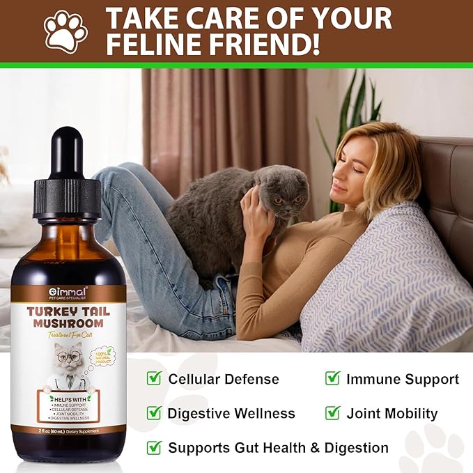 Mushroom Drops for Cats, Natural Cat Immmune Mushroom Liquid Drop with Turkey Tail Mushroom Extract for Immune Support, Digestive & Joint Mobility, Pet Mushroom Herbal Supplement - 2 fl oz (60 ml)
