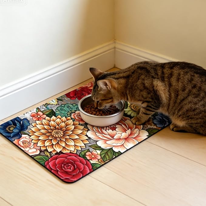 GLOBLELAND Vintage Mandala Flowers Pet Food Mat for Floors 11.8×20 inch Dogs Food Mats Absorbent Dog Bowl Mat Quick Dry Dog Cat Pet Placemats Pets Supplies for Water Dispenser