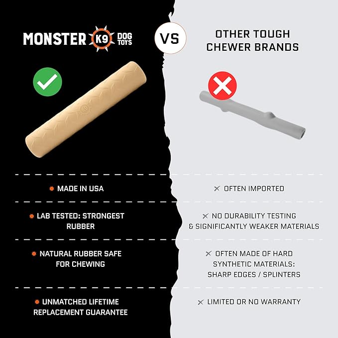 Monster K9 Indestructible Natural Series Chew Stick - Backed for Life - No Color Additives, Minimal Fillers, Safe Non-Toxic Rubber - Durable Toy for Aggressive Chewers - USA Made - 9"x2" Solid-Core