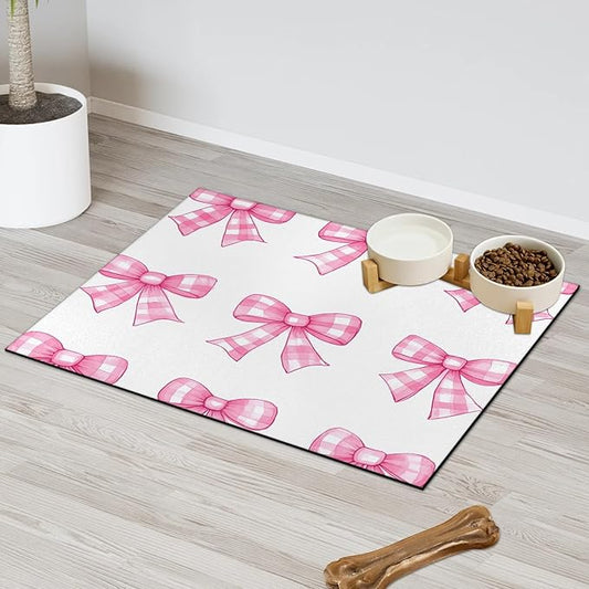 Plaid Bow Dog Food Mat for Floors Absorbent, Quick Dry Water Dispenser Mat for Food, Water, Pet Supplies 17" x 30", Pink Bowknot