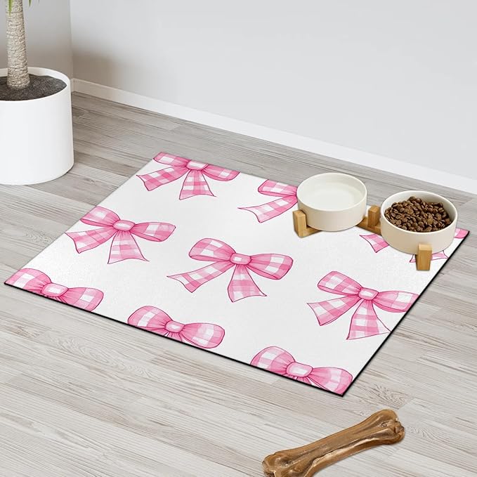 Plaid Bow Dog Food Mat for Floors Absorbent, Quick Dry Water Dispenser Mat for Food, Water, Pet Supplies 17" x 30", Pink Bowknot