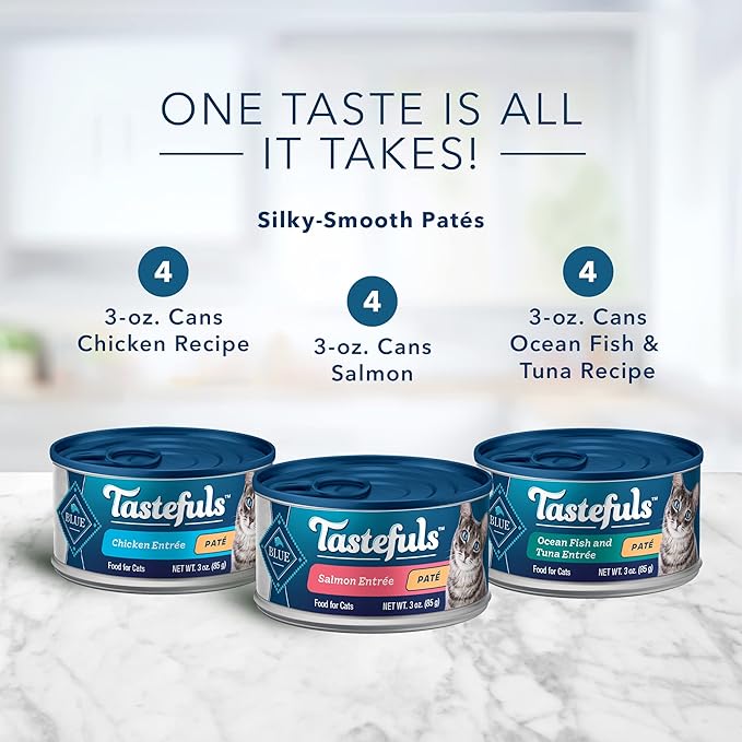 Blue Buffalo Tastefuls Natural Pate Wet Cat Food Variety Pack,Salmon,Chicken,Ocean Fish & Tuna Entrées 3-oz Cans (- 4 of Each Flavor),(Pack of 24)