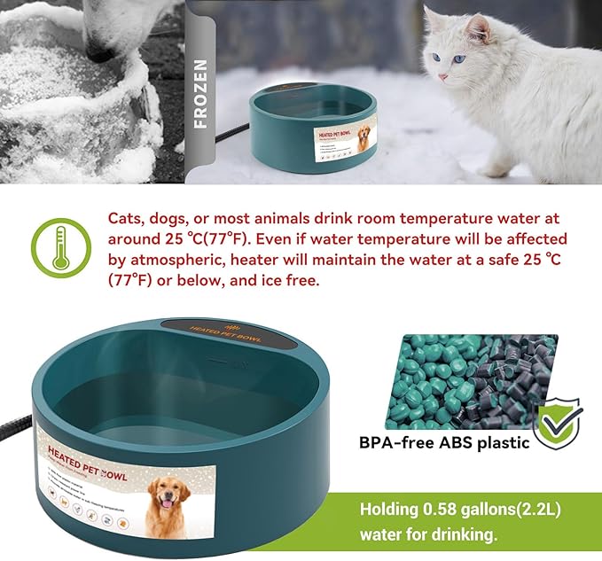PETLESO Heated Water Bowl for Dogs, Heated Dog Bowl for Cats Birds Chickens Water Heater, Outdoor Pet Heating Dish Provides Drinkable Water in Frozon Winter, 2.2L