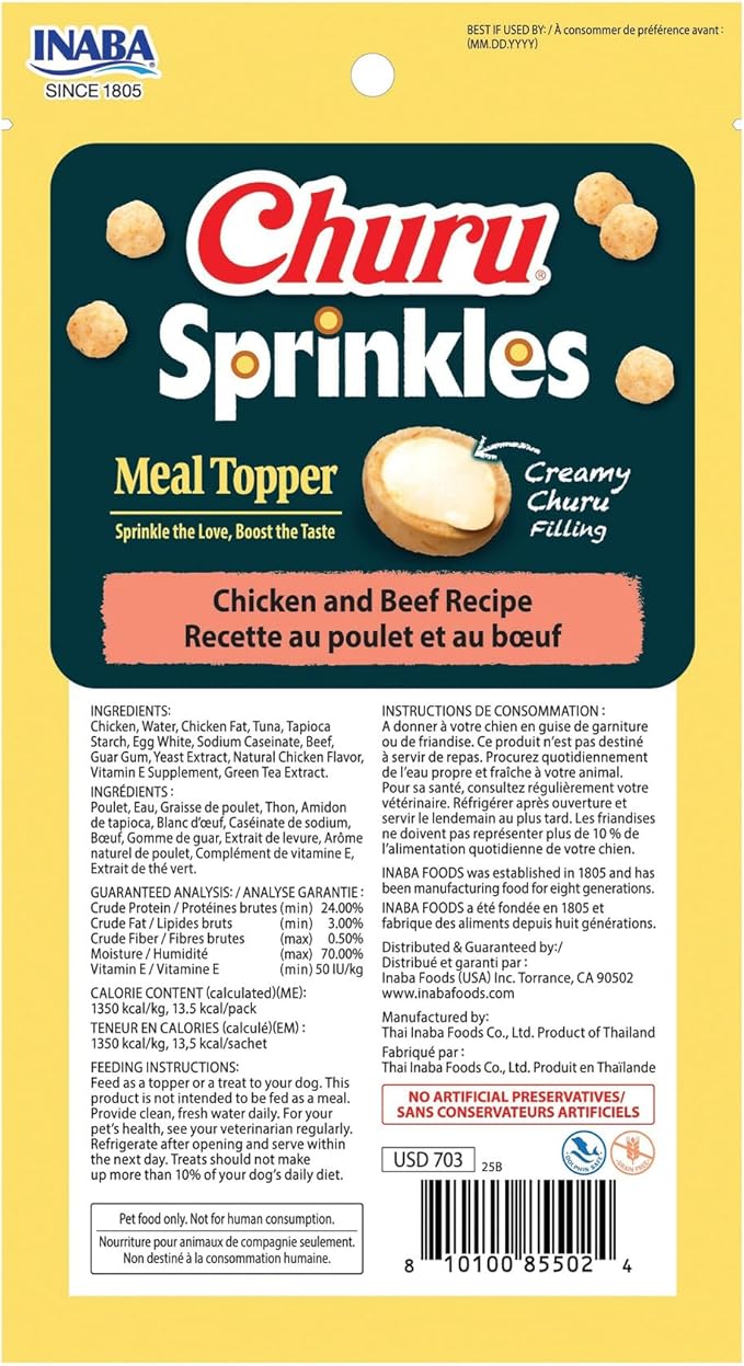 INABA Churu Sprinkles for Dog, Soft & Chewy Churu Filled Dog Meal Toppers with Vitamin E and Green Tea Extract, 1.05 oz. per Pack, 18 Packs Total, Chicken and Beef Recipe