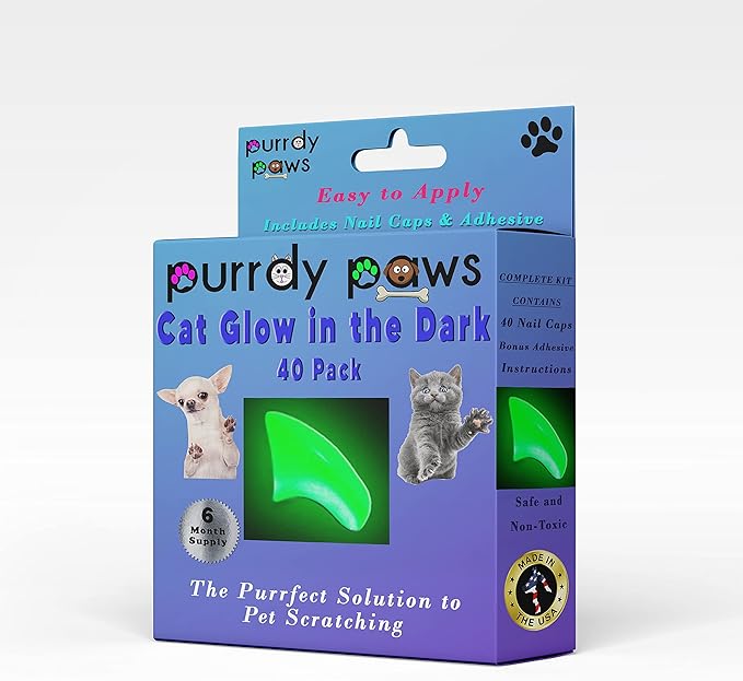 6 Month Supply Soft Nail Caps for Cats Green Glow in The Dark Small - Extra Adhesives