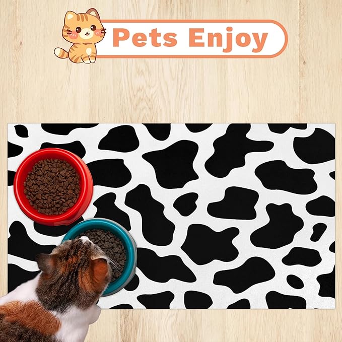 Cow Print Dog Food Mat for Floors Absorbent Dog Bowl Mat for Food and Water Dispenser Quick Dry Cat Food Placemat Pet Supplies 16" x 24", Milk Cow Print