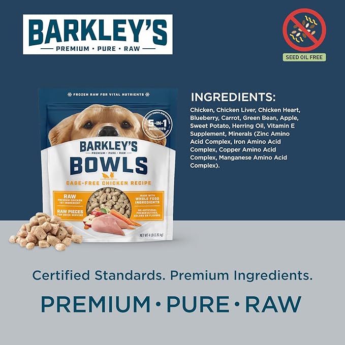 Barkley’s Bowls, Frozen Raw Chicken Dog Food, Fresh Whole Food Ingredients with Cage-Free Chicken, Grain Free, High Protein for Balanced Nutrition, Frozen Meals, Human Grade Ingredients, 4 lb (3 Pack)