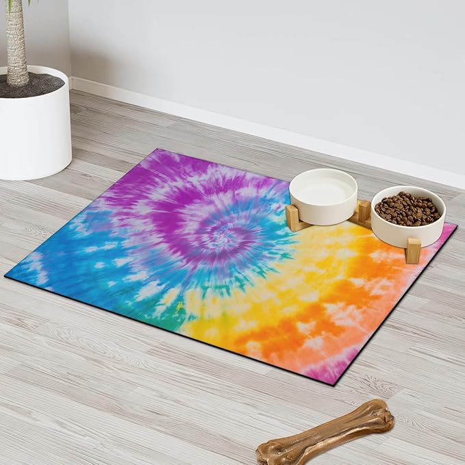 Tie Dye Dog Food Mat for Floors Absorbent, Quick Dry Water Dispenser Mat for Food, Water, Pet Supplies 24" x 32", Colorful Geometric