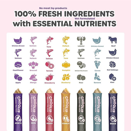 Choolip Squeeze Vita Stick Lickable Cat and Dog Treats – 49-Count Variety Pack – Real Meat Puree with Multivitamins for Total Pet Wellness – Grain-Free, High-Moisture, Vet-Formulated