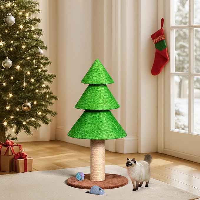 31.5" Christmas Tree Cat Scratching Post,Sisal Cat Scratching Tree Cat Scratch Tower for Kitty and Adult Cats (Lighted Green)