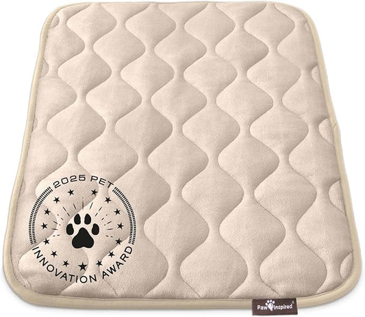 Paw Inspired Washable Padded Crate Mats for Dogs | 29” x 18” Pad, Fits 30-inch Kennels | Leakproof, Waterproof Bottom, Plush Pet Beds (Tan)