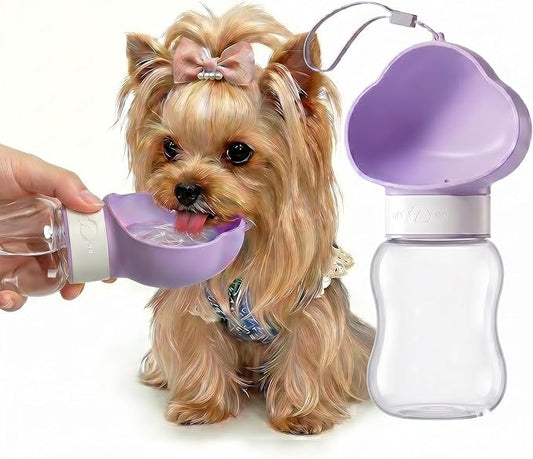 Dog Water Bottle Portable, Built-in Bowl and Dispenser for Dogs, Leak-Proof Bottles for Travel Accessories, Ideal Small Pet Supplies for Puppy Things (Purple, 11oz No Food Container)