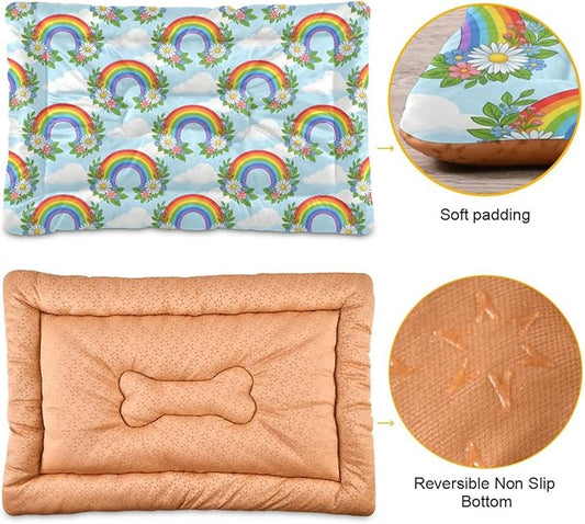 Dog Bed for Crate Washable Pet Sleep Pad, Rainbow Kennel Mat with Non-Slip Bottom, Soft Fluffy Supplies Pet for Dogs and Cats (36x24 inch)