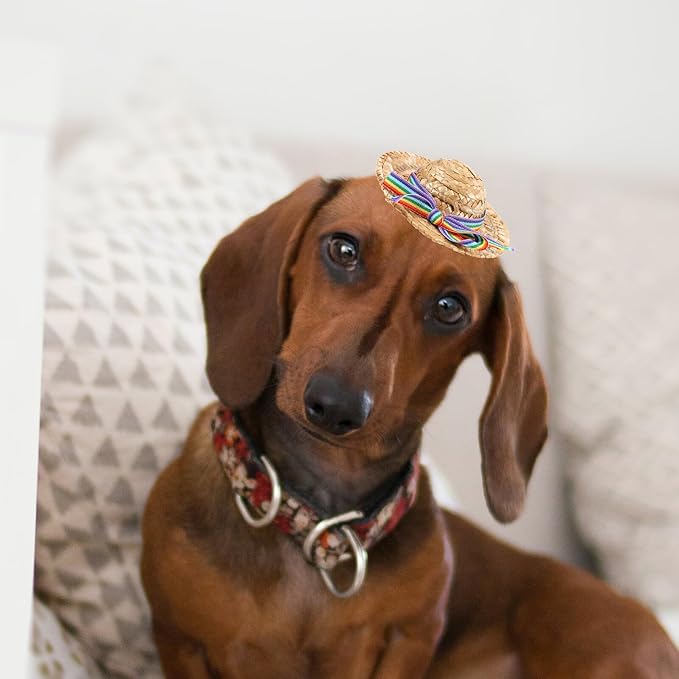 Small Pet Straw Hat Natural Straw Bow, Dog Cosplay Sun Hat Party Headgear for Puppies and Cats, Photo Prop Accessory for Pet Supplies