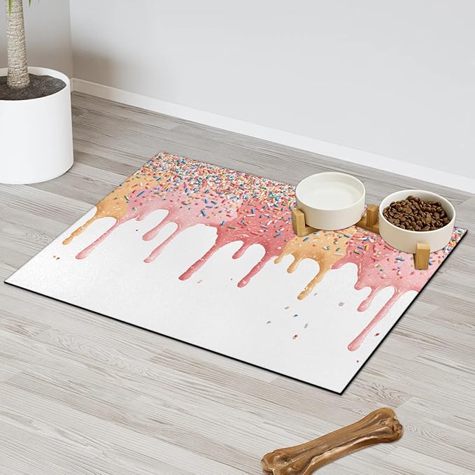 Ice Cream Dog Food Mat for Floors Absorbent Dog Bowl Mat for Food and Water Dispenser Quick Dry Cat Food Placemat Pet Supplies 24" x 32", Sweet Food