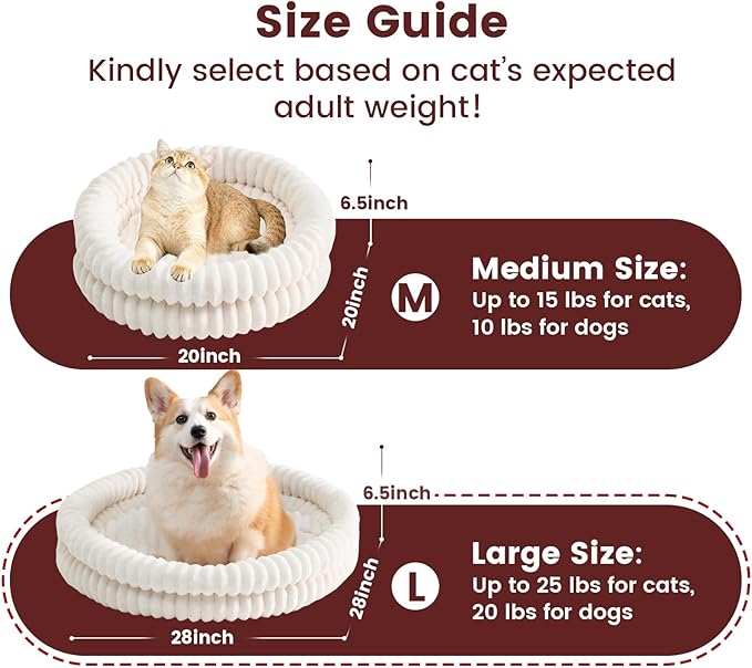 Donut Pet Bed for Cats & Small Dogs, Fluffy Warm Round Bed, Machine Washable with Anti-Slip Bottom, Indoor Use, White, 28"x28"x5"
