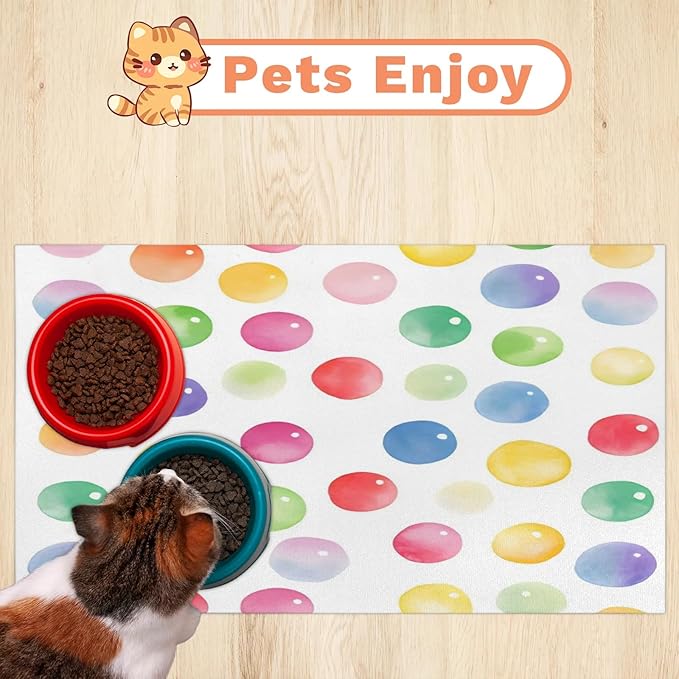 Polka Dot Dog Food Mat for Floors Absorbent Dog Bowl Mat for Food and Water Dispenser Quick Dry Cat Food Placemat Pet Supplies 16" x 24", Watercolor Rainbow