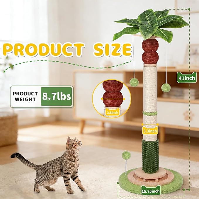 41'' Tall Cat Scratching Post,3.3'' Wide Sisal Rope Scratching Post for Indoor Adults Kittens,Cat Scratcher Tree with Stable Solid Wood Base Interactive Ball Toys Self Groomer Brush for Large Cats
