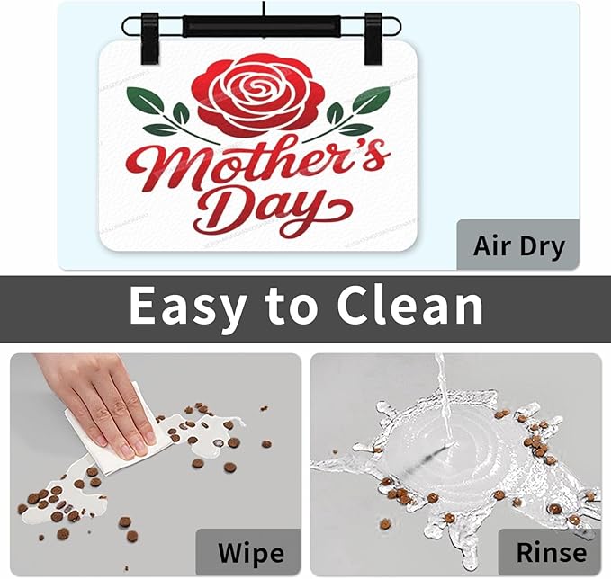 Pet Feeding Mats with Residue Collection Happy Mother's Day Floral Gift for Mom Kd Waterproof Dog Cat Bowl Mat 24x16In with Prevent Water Food Spills