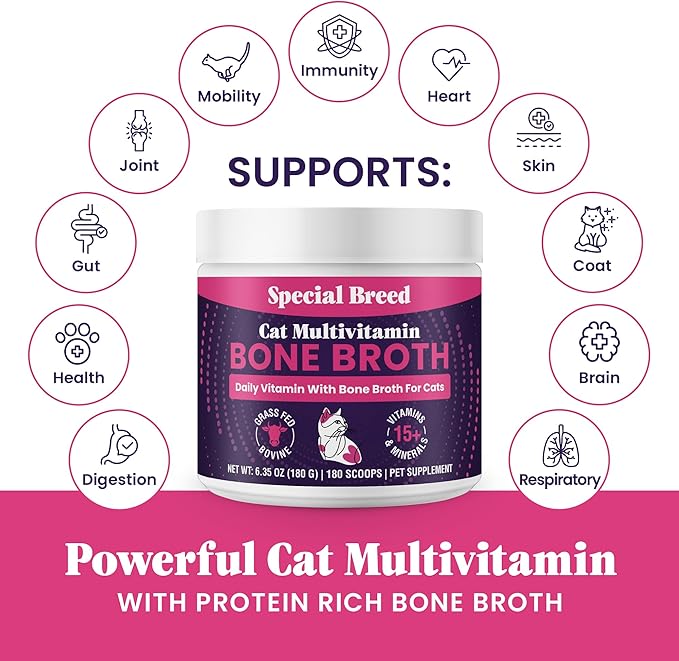 Cat Multivitamin with Grass-Fed Beef Bone Broth – Daily Supplement for Immune, Joint, Skin, Coat & Gut Health – Omega 3s, Lysine, Beta Glucan, Vitamins A-E, C, D – 180 Grams (Pack of 2) – No Fillers