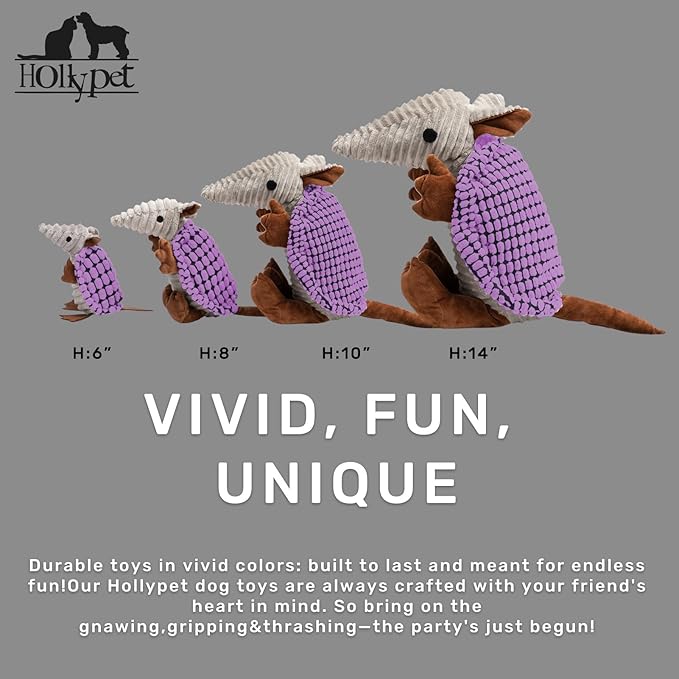 Hollypet Plush Dog Squeaky Toy Stuffed Armadillo Animal Pet Puppy Chew Toys with Clean Teeth for Small Medium Large All Breed Sizes Dogs, Purple, 10 in
