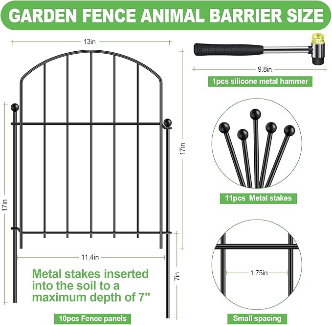 Decorative Garden Fence 17in x 10ft, 10 Pack Rustproof Metal Animal Barrier Fence, Arched Flower Bed Edge Decorative Rabbit and Dog Ground Defense No-Dig Fence for Patio Patio Outdoor