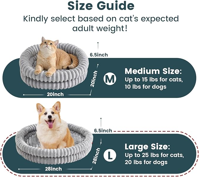 Donut Pet Bed for Cats & Small Dogs, Fluffy Warm Round Bed, Machine Washable with Anti-Slip Bottom, Indoor Use, Gray, 28"x28"x5"