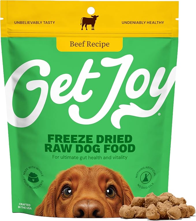 Get Joy Freeze Dried Dog Food | Beef Recipe with Superfoods for Gut Health & Digestion | Vet Formulated Meal or Topper for Puppy, Senior & Adult Dogs, 100% USDA Sourced, Seed Oil Free | 4oz Bag