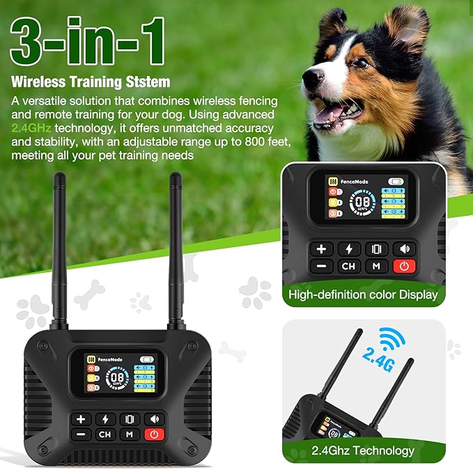 Pet Smart Wireless Dog Fence Collar for 3 Dogs 2.4GHz Electric Dog Fence Portable Waterproof Rechargeable Pet Training Collars (1 Controller & 3 Collar)