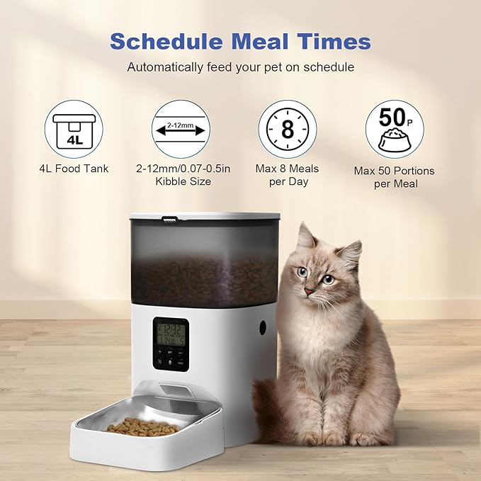 4L Automatic Cat Feeder Pet Food Dispenser with 10s Voice Recorder, Pet Feeder up to 8 Meals per Day, Timed Cat Feeder with Dry Food Sealed Ring