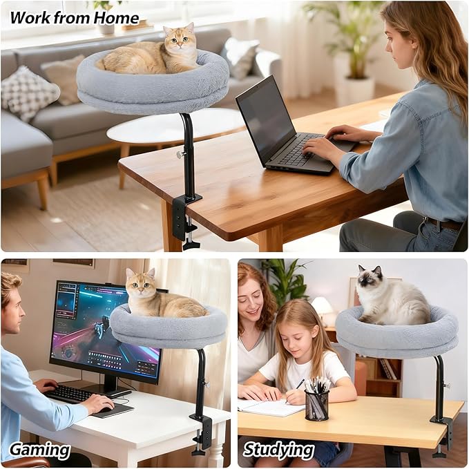 Sunhoo Cat Desk Bed 360° Rotating Height Adjustable Desktop Mount Hammock Kitten Perch Easy Setup Kitty Nest Table Clamp-on Attachment for Indoor Cats Washable 17" Diameter Hold Up to 40lbs（Grey）