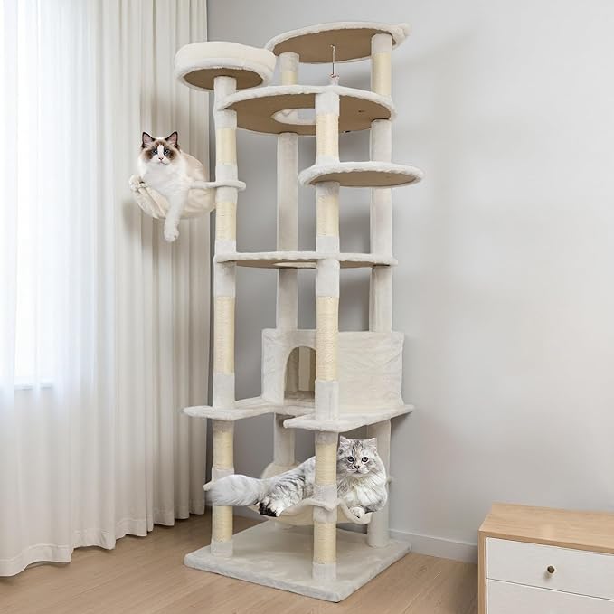 78.8 Inches Cat Tower for Indoor Cats, Cute Cat Tree with Cozy Condo, Platform, Hammock, Sisal Scratch Board and Interactive Toy (Beige)